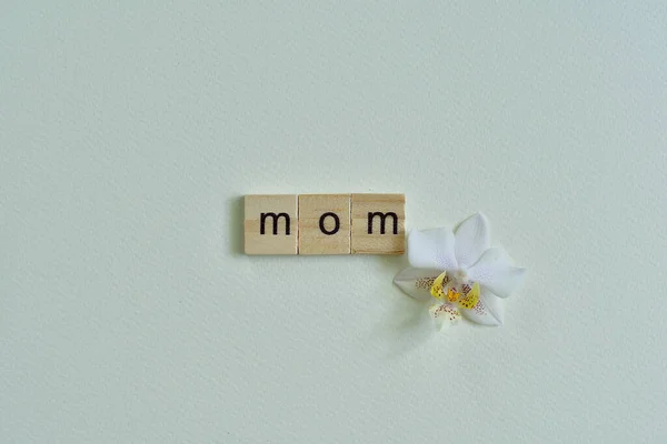 Parola Mom Con Delicato Fiore Orchidea Festa Della Mamma Concetto — Foto Stock