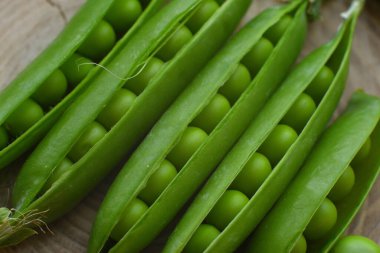 Taze taze taze bezelye hasadı. Baklagiller. Ahşap arka planda yeşil bezelye ve bezelye kabukları. Yakın plan seçici odaklanma.