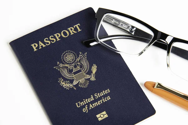 American Passport With Reading Glasses And Fountain Pen