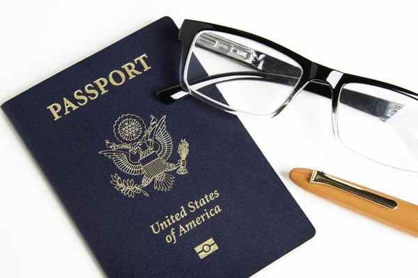 American Passport With Reading Glasses And Fountain Pen