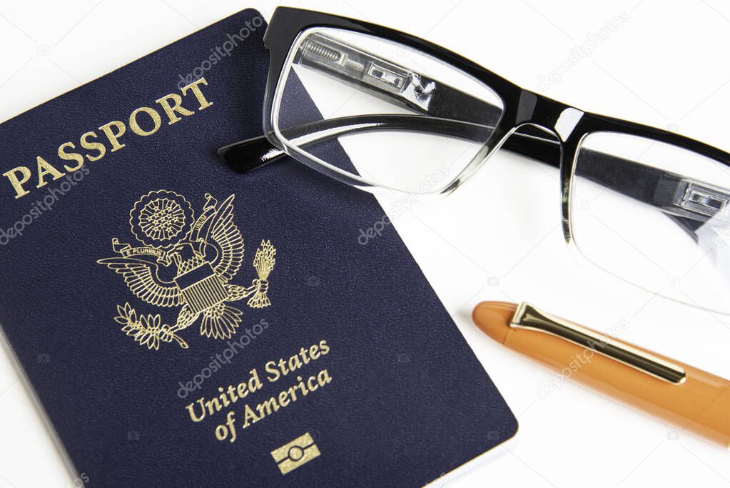 American Passport With Reading Glasses And Fountain Pen