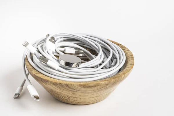 White Apple Cables Swirling In Wooden Bowl — Stock Photo, Image