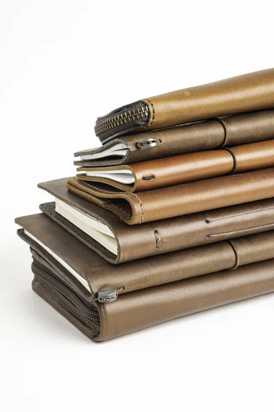 A Stack Of Leather-Bound Journals, Notebooks, Wallets & Cases — Stock Photo, Image