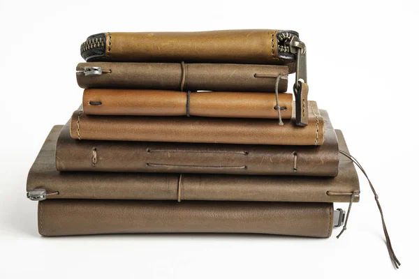 A Stack Of Leather-Bound Journals, Notebooks, Wallets & Cases — Stock Photo, Image