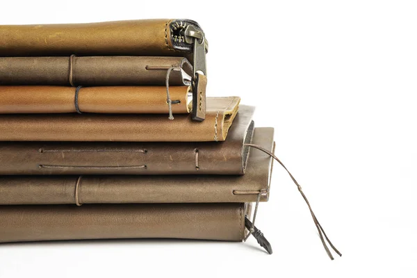 A Stack of Leather-Bound Journals, Notebooks, Wallets & Cases — стоковое фото