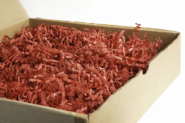 Package Box With Red Paper Strips Filling — Stock Photo, Image