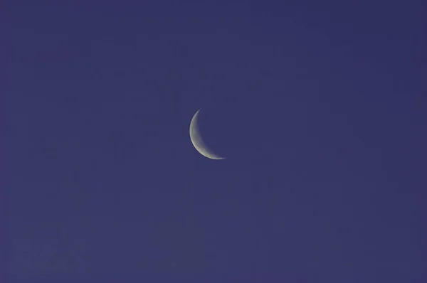 Тонкий Осколок Серебристой Луны Установленный Просторах Ясного Безоблачного Голубого Неба — стоковое фото