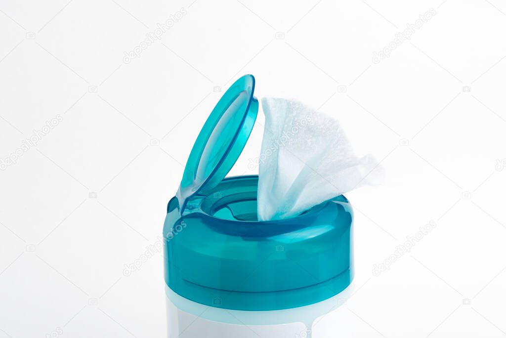 A close-up shot of an open aquamarine push top cap of a disinfectant wet wipes plastic container set on a plain white background.