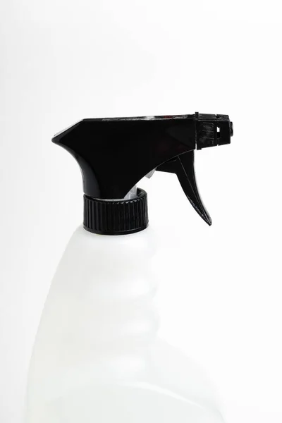 Plan Rapproché Partie Supérieure Flacon Plastique Pulvérisateur Liquide Noir Blanc — Photo