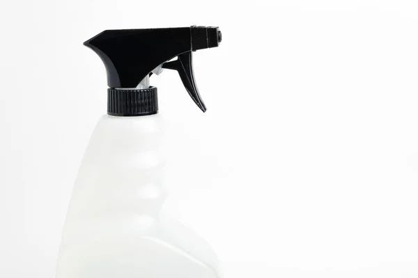 白を基調とした黒と白の液体スプレープラスチック製ディスペンサーボトルの上部のクローズアップ — ストック写真