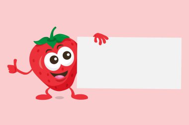 Elinde teklif etiketi olan şirin çilek maskotu tasviri. Işık arkaplanında izole.