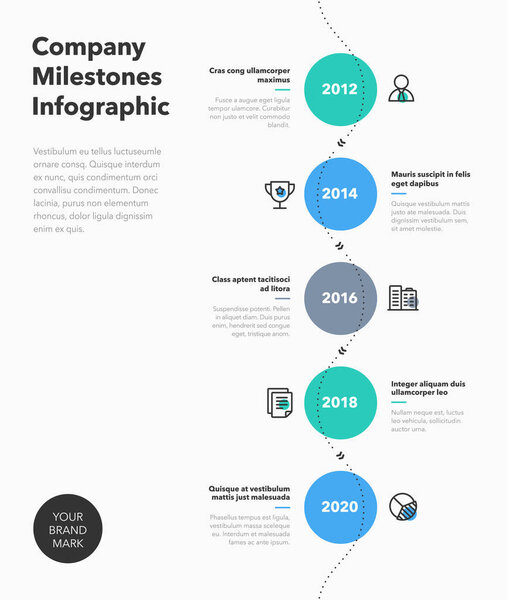 Simple business infographic for company milestones timeline with colorful circles and line icons. Easy to use for your website or presentation.