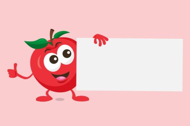 Elinde teklif etiketi olan şirin bir elma maskotu tasviri. Açık kırmızı arkaplanda izole.