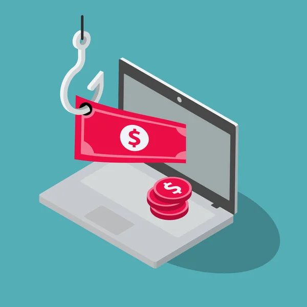 Online Bankdiefstal Symbool Met Laptop Rood Bankbiljet Vishaak Geïsoleerd Blauwe — Stockvector
