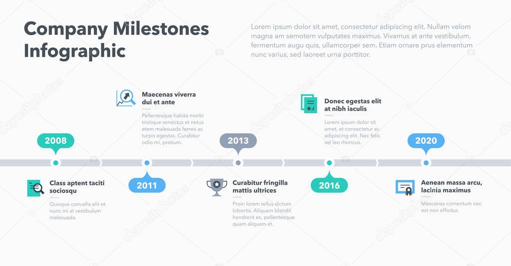 Modern business infographic for company milestones timeline template with flat icons. Easy to use for your website or presentation.