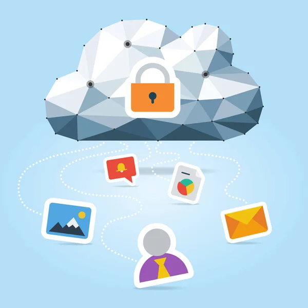 Cloud Computing Sicherheitsillustration mit niedrigen polygonalen Wolken- und Strömungssymbolen isoliert auf hellblauem Hintergrund. — Stockillustration Cloud Computing Sicherheitsillustration Mit Niedrigen Polygonalen Wolken Und Strömungssymbolen Isoliert — Stockvektor