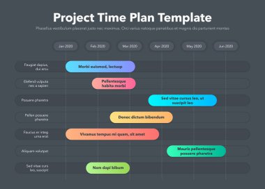 Modern iş projesi zaman planı proje görevleri ile zaman aralıklarında şablon - karanlık versiyon. Web siteniz veya sunumunuz için kullanması kolay.