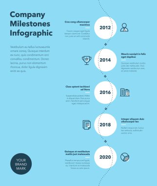 Modern business infographic for company milestones timeline template with line icons - blue version. Easy to use for your website or presentation.
