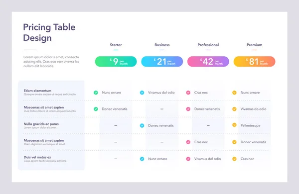 Nowoczesny Design Tabeli Cen Czterema Kolorowymi Planami Abonamentowymi Płaska Infografika — Wektor stockowy