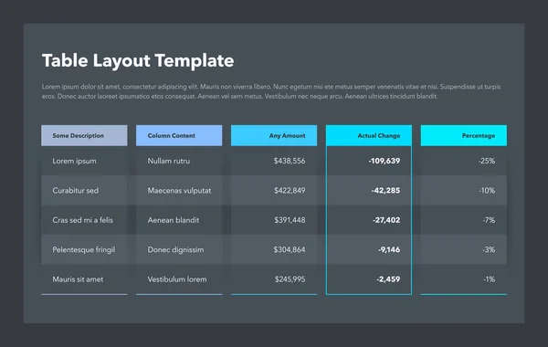 モダンなビジネステーブルレイアウトテンプレート ダークバージョン フラットデザイン あなたのウェブサイトやプレゼンテーションのために使いやすい — ストックベクタ