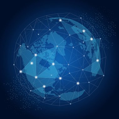 Koyu mavi arkaplan üzerinde küresel bağlantılar içeren dünya küresi.