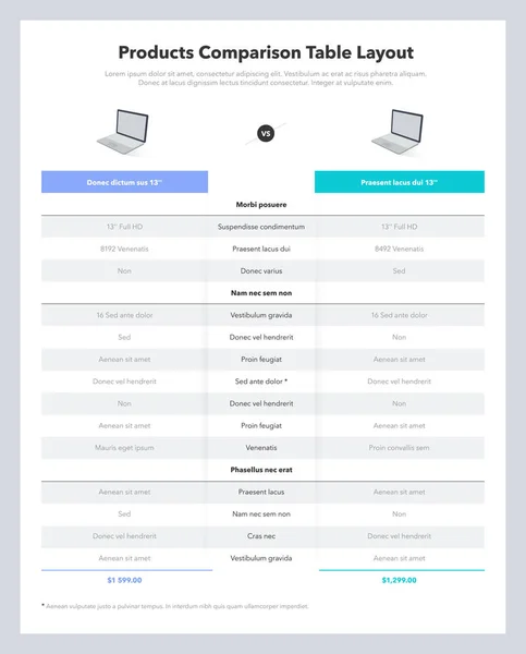 Açıklama için iki ürün karşılaştırma tablosu düzeni. Web sitesi veya sunum için modern düz bilgi tasarımı şablonu.