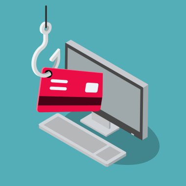 Masaüstü bilgisayarı, kırmızı kredi kartı ve mavi arka planda izole edilmiş olta iğnesi olan sahte vektör sembolü. Düz tasarım, web siteniz veya sunumunuz için kullanması kolay.