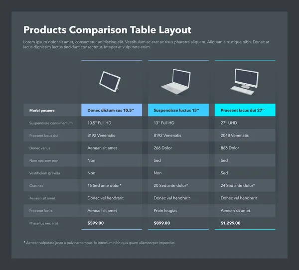 Comparación Productos Disposición Tabla Con Lugar Para Descripción Versión Oscura — Vector de stock