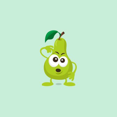 Açık yeşil arka planda izole edilmiş şirin armut düşünen maskot tasviri.