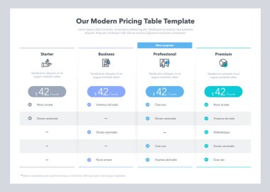 Modern looking pricing table design with four subscription plans. Flat infographic design template for website or presentation. clipart
