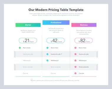 Modern fiyatlandırma karşılaştırma masasında üç abonelik planı ve tarif için yer var. Web sitesi veya sunum için düz bilgi tasarım şablonu.