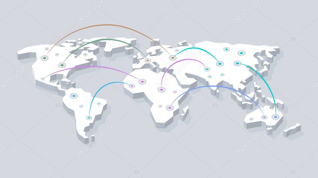 Modern 3d world map with connected continents. Easy to use for your website or presentation.