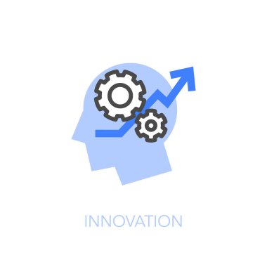 İnsan kafası, dişlileri ve büyüyen oku olan yenilik sembolü. Web siteniz veya sunumunuz için kullanması kolay.