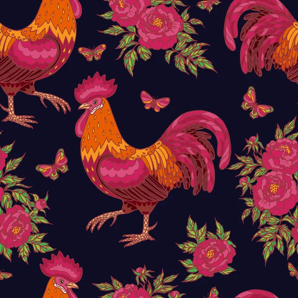 Modèle sans couture avec coq rouge — Image vectorielle