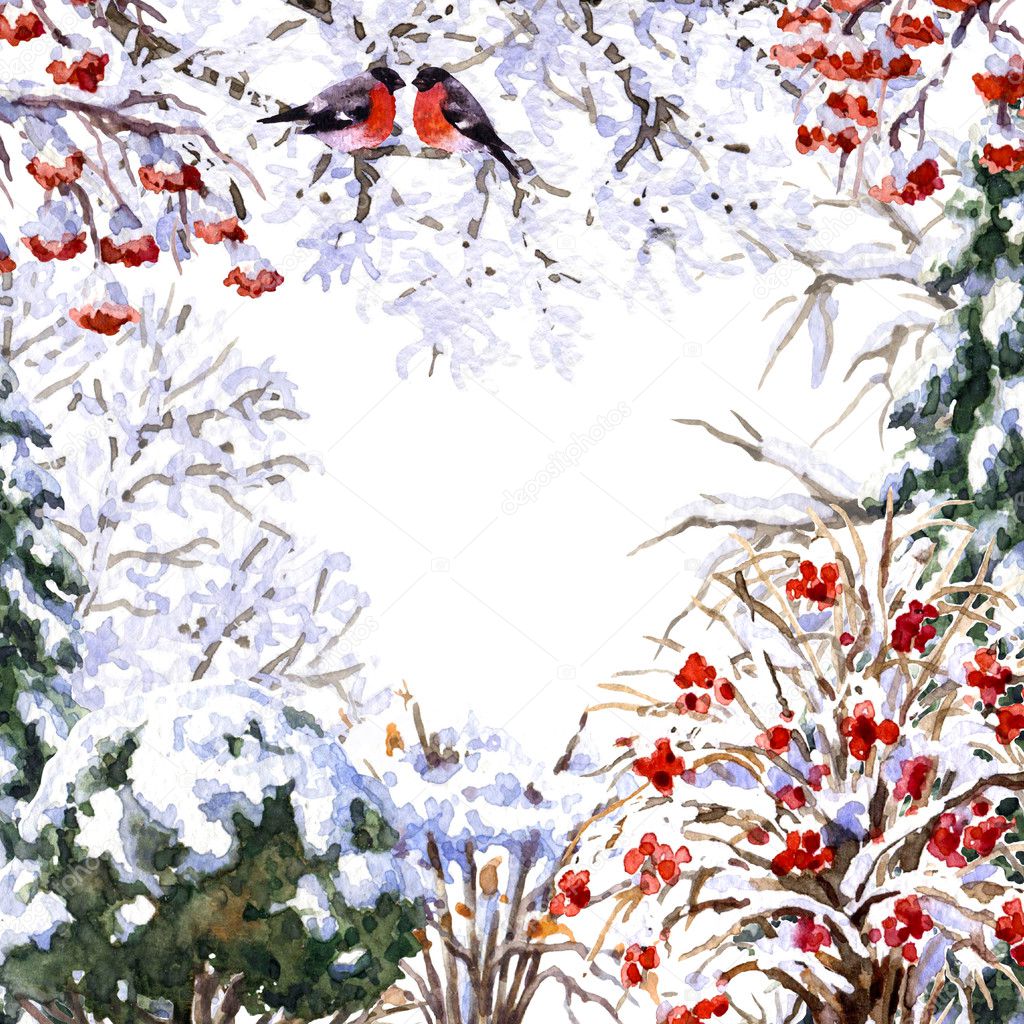 Winter frame with trees and bullfinches 
