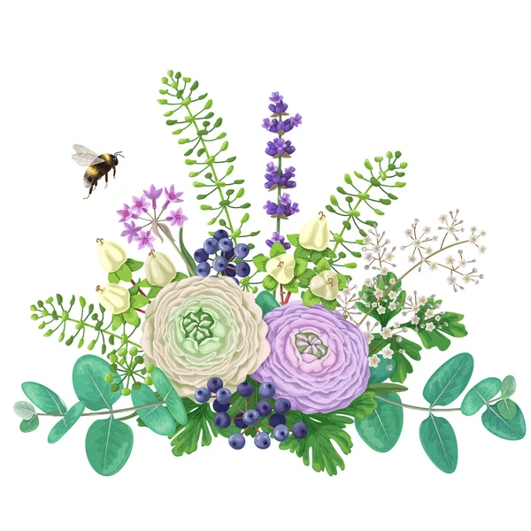 Ramo de flores y abejorros voladores — Vector de stock