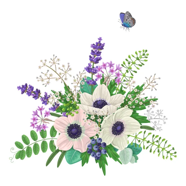 Μπουκέτο με λουλούδια και πεταλούδα που φέρουν — Διανυσματικό Αρχείο