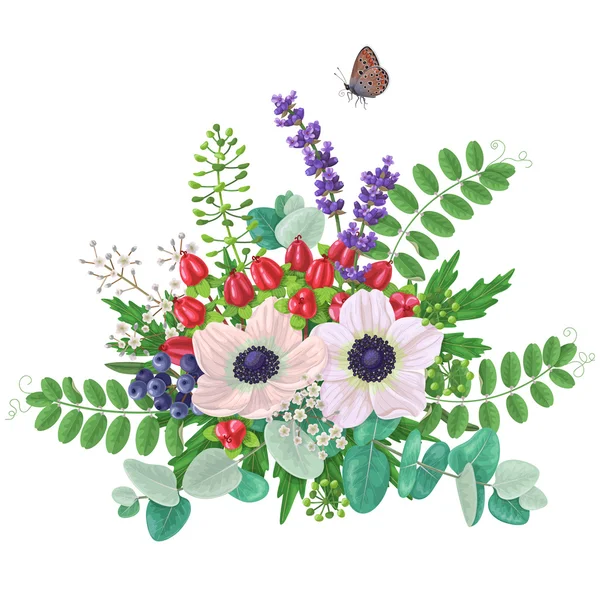Bouquet of anemones  and flying butterfly — Stock Vector