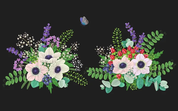 Bouquets et papillon volant sur noir — Image vectorielle