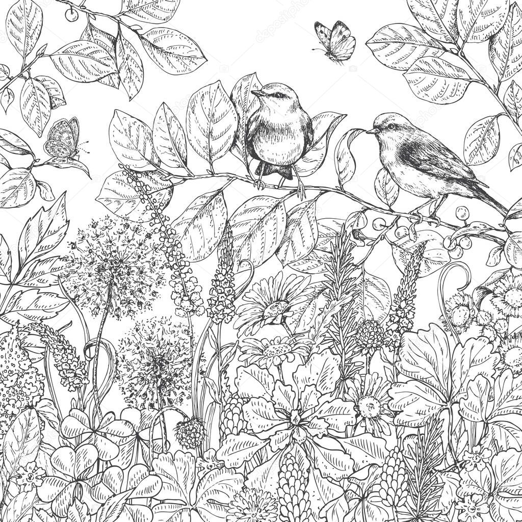 Hand drawn wildflowers, butterflies and birds. — Stock Vector © Valiva ...