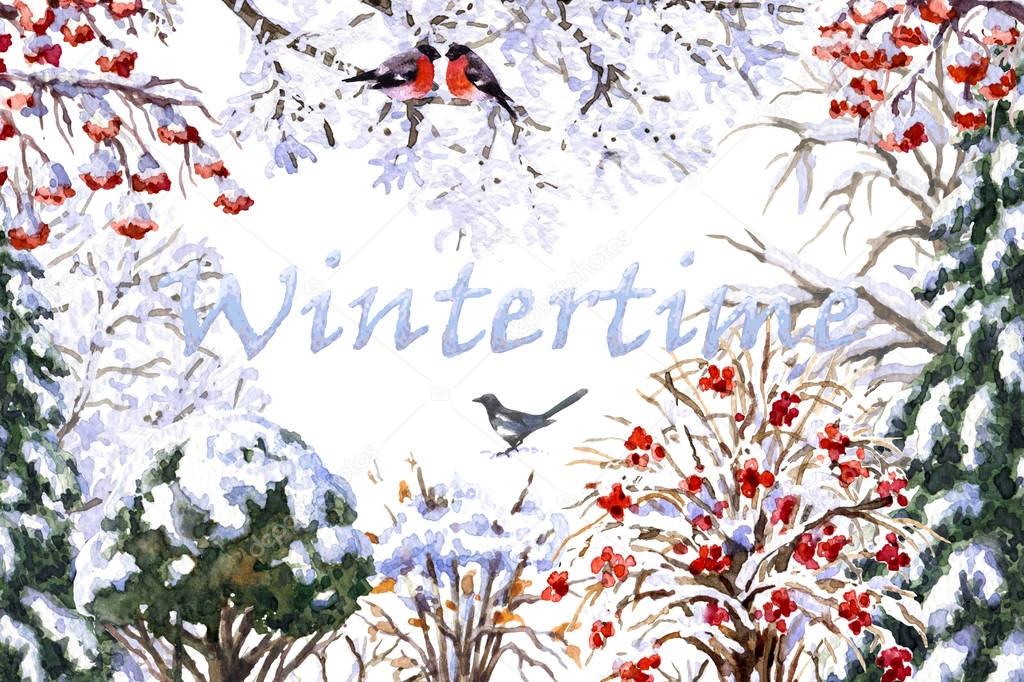 Winter illustration with snow covered  trees and birds 