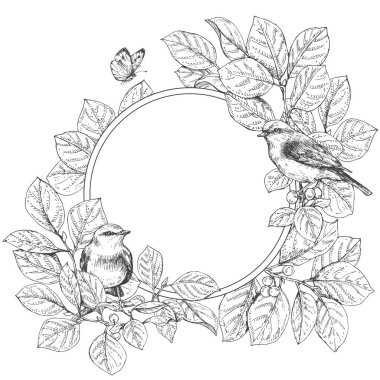 Kuşlar ile yuvarlak çerçeve çiçek
