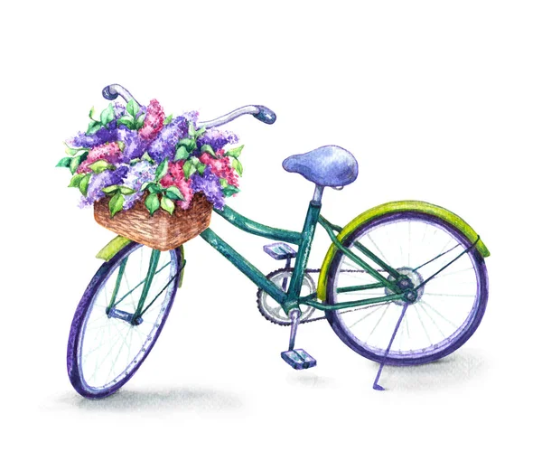 Cykel med lila blommor korg — Stockfoto