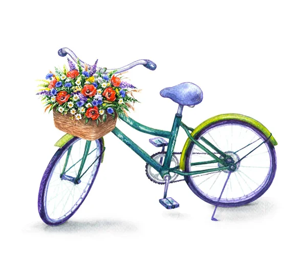 Bicicleta con cesta de flores silvestres —  Fotos de Stock