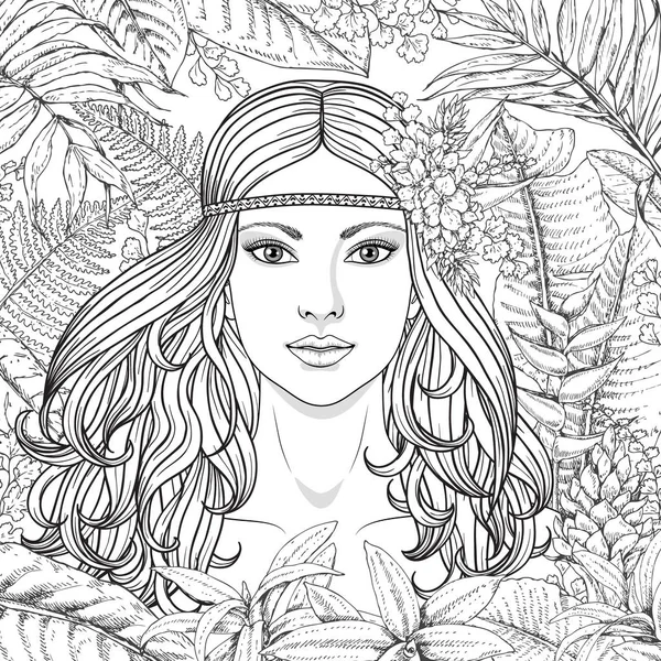 Gadis dan tanaman tropis - Stok Vektor