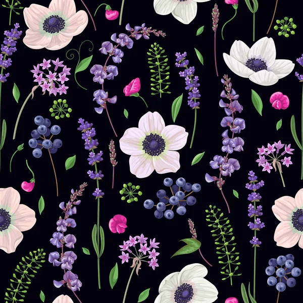 Naadloze patroon met bloemen op black — Stockvector