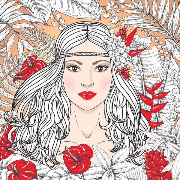 Fille avec des fleurs rouges — Image vectorielle