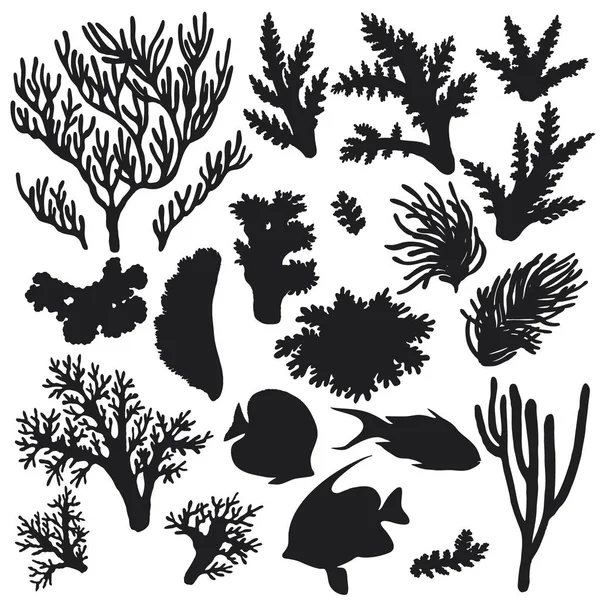 Reef Animals and Corals Silhouette Set — Stock Vector