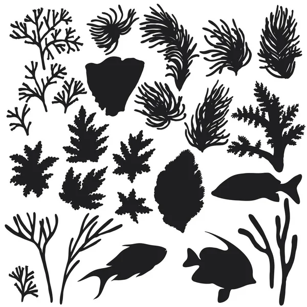 Reef Animals and Corals Silhouette Set — Stock Vector