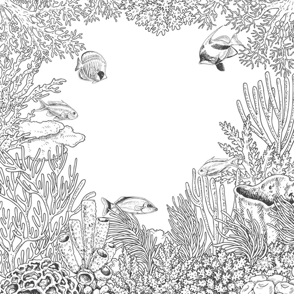 Moldura subaquática com coral e peixes — Vetor de Stock
